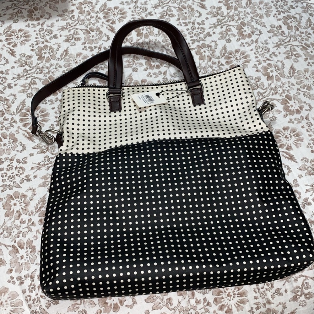 Fossil Dawson Fldovr tote black and white polka dots NWT - Picture 3 of 10